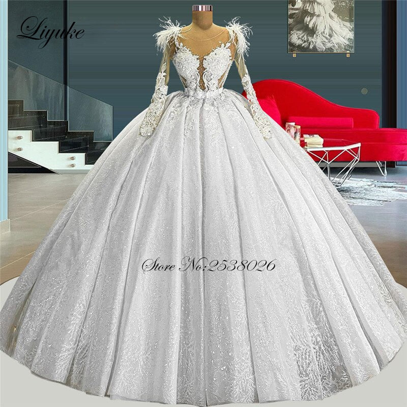 Liyuke Shoulder Feather Ball Gown Wedding Dreses Full Sleeve Glitter Skirt Of Floor Length V Neckline
